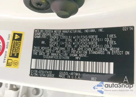 2014 Toyota Highlander Le Plus V6 from USA, damaged, VIN 5TDZKRFH2ES014098